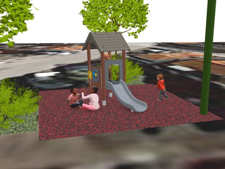 De speeltuin aan het Schelpenplein krijgt een zachte zwart/rode valondergrond met een speelhuisje met glijbaantje voor peuters en kleuters.